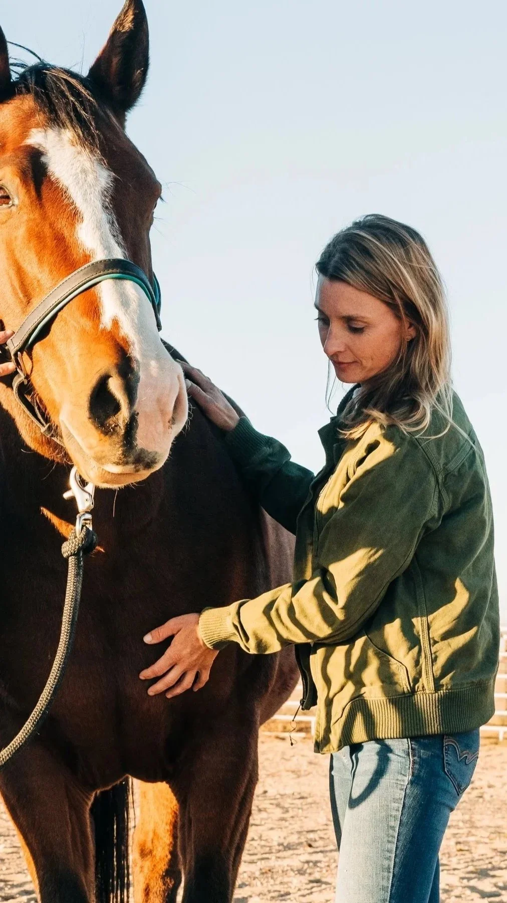 Nicole Linke, founder of HeartSong Equine, with a horse in golden light